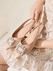 CUCCOO CHICEST Apricot Pointed Toe Rhinestone Decor Casual Flats, Elegant Lady Office Slip-On Shoes - Apricot - View 1