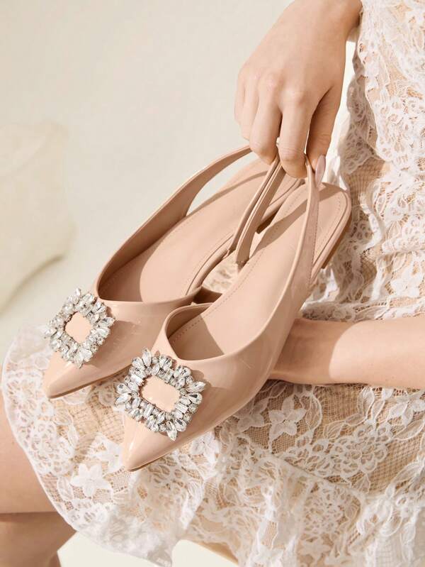 CUCCOO CHICEST Apricot Pointed Toe Rhinestone Decor Casual Flats, Elegant Lady Office Slip-On Shoes