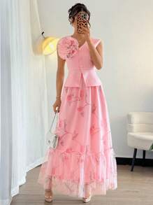 Elenzga Top elegante e romantico da donna con vita raccolta e decorazione floreale 3D, set di due pezzi con stampa floreale in rete, arricciato