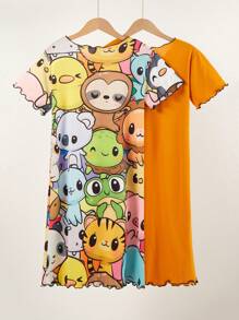 SHEIN 2-teiliges süßes Cartoon-Muster Mix&Match Nachthemd und Kleid-Set mit gerolltem Saum für große Mädchen