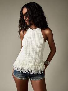 MISSGUIDED Chaleco suéter de punto con dobladillo de flecos acanalados, para uso casual, bohemio, en festivales, para Coachella, en la playa, en primavera y verano