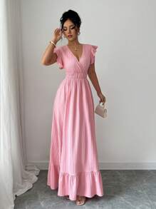 Breezaya 女士纯色荷叶边下摆长款度假海滩装连衣裙 - 粉色 - 查看 4