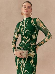 Almamuse Women's Stand Collar Long Sleeve Casual Long Dress With Twist Design Maxi Women Outfit - Green - View 4