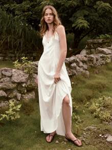 Lumivelle Solid Color Lace Spliced A-Line Backless Spaghetti Strap Pleated Dress For Women - White - View 6