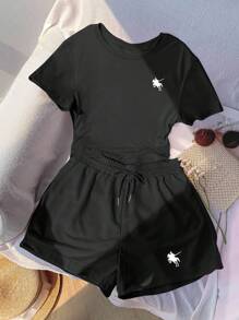 Set 2 bucăți/set pentru femei, tricou și pantaloni scurți cu imprimeu casual Knight, potrivit pentru vară