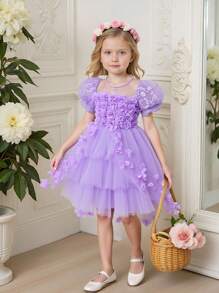 Vestido de niña con mangas abullonadas, cola de tul y flores 3D en color púrpura, vestido esponjoso de volantes de malla para primavera/verano, vestido de princesa para cumpleaños, boda, fiesta, recital, niña de las flores