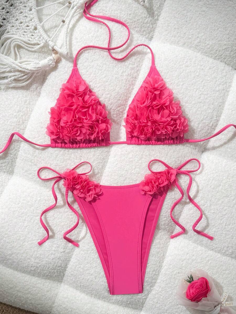 Swim Mod 女款 2 件式粉色比基尼泳衣，3D 花朵裝飾掛脖細肩帶沙灘套裝，夏季熱帶度假休閒優雅純色 - 玫紅色 - 查看 1