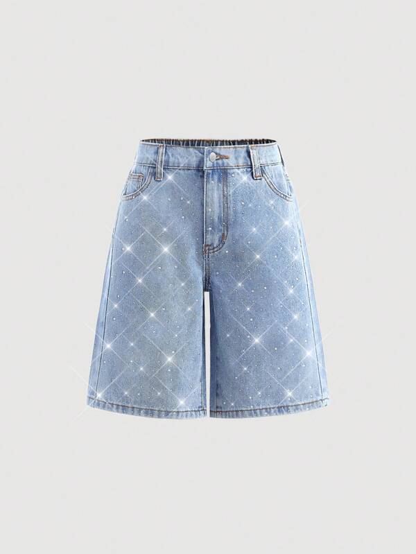 SHEIN Girlism Shorts di jeans larghi e sciolti con design di diamanti scintillanti, basic mixed and matched, casual, vintage, confortevoli e traspiranti, adatti per abbigliamento quotidiano, abiti da spiaggia e da festival per ragazze pre-adolescenti, estate e primavera
