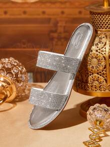 CUCCOO TILAWA Sandale plate casual cu strasuri pentru femei, la modă, cu vârf rotund, la modă, pentru exterior, argintii, confortabile