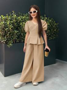 SHEIN 青少年女孩休闲通勤泡泡袖上衣和直筒裤两件套 - 卡其色 - 查看 1