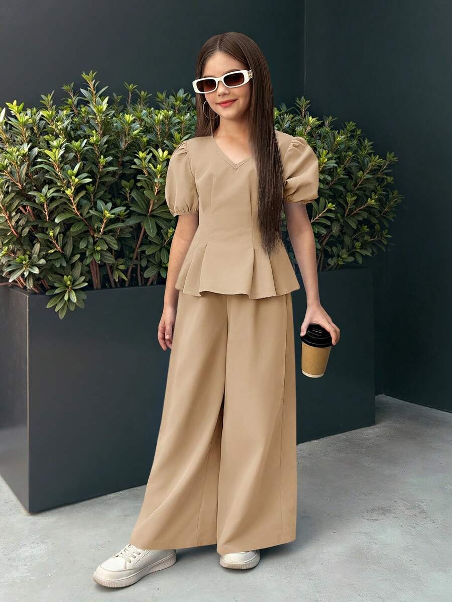 SHEIN 青少年女孩休闲通勤泡泡袖上衣和直筒裤两件套 - 卡其色 - 查看 1