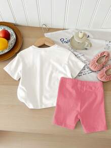 SHEIN Happikins Matching Sister Sets Cute Pink Letter "Lil Sister" & Flower Print, Baby Girl Casual Minimalist Round Neck Short Sleeve T-Shirt & Skinny Shorts Suit, Suitable For Spring/Summer - Multicolor - View 2