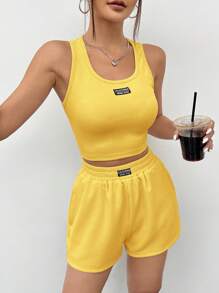 SHEIN EZwear 浅黄色针织无袖女式背心套装 - 鵝黃色 - 查看 4