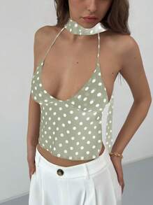 Aloruh Elegant Sexy Backless Spaghetti Strap Polka Dot Tank Top For Women - Mint Green - View 4
