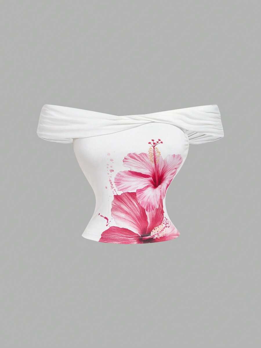 SHEIN MOD 浪漫梦幻白色花卉印花结露肩 T 恤 - 非常适合约会、节日、度假、波西米亚风格、生日和节日穿着、女士海滩