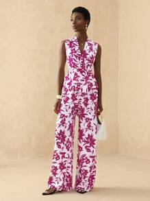 Vesra 2 件套女士春夏花卉印花无袖交叉 V 领上衣和长裤套装 - 紫色 - 查看 5