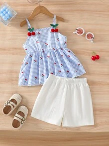 Young Girls 2pcs/Set Fashion Digital Print Cherry Decor Adjustable Waist Camisole Top And Loose Shorts Set, Suitable For Casual, Beach, Summer Summer Outfits For Kids Girls Cute Spring Clothes For Kids Girls Spring Clothes For Girls Casual Dresses For Girls Summer Clothes For Kids Girls Summer Holiday