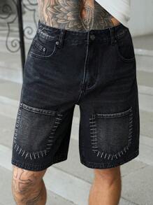 Manfinity Homme Men's Loose Bermuda Denim Cargo Shorts With Pockets, Casual - Black - View 1