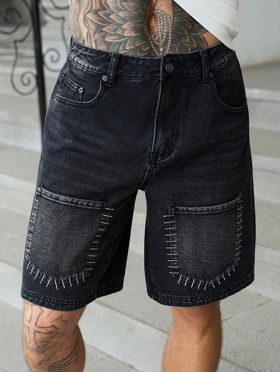 Manfinity Homme Men's Loose Bermuda Denim Cargo Shorts With Pockets, Casual - Black - View 1