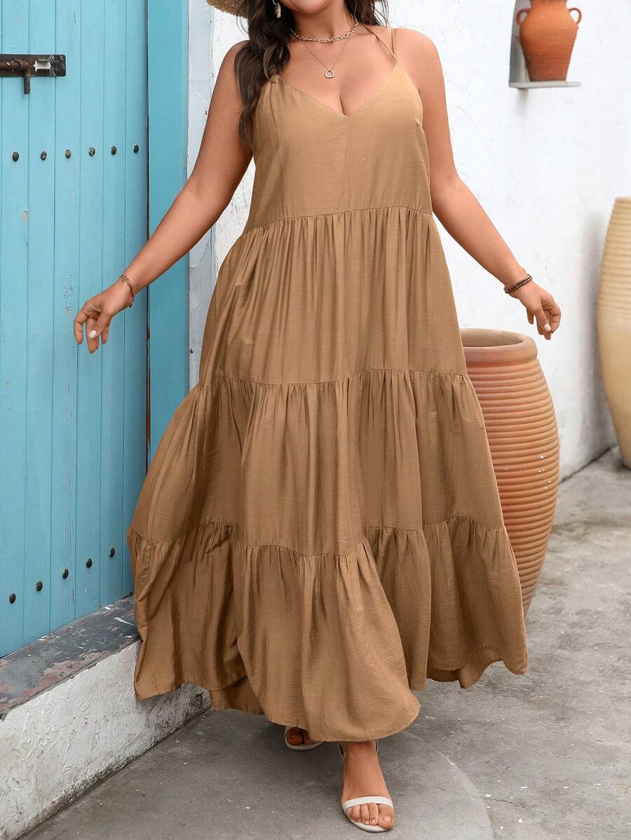 Flirla Vestido largo de verano de talla grande para mujer, de estilo bohemio, suelto y elegante, para vacaciones y uso diario, de un solo color y con múltiples capas y tirantes divididos - Marrón - Ver 1