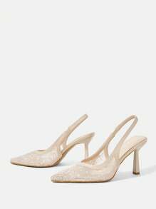 CUCCOO HITCHD 尖头细跟杏色蕾丝和网眼优雅婚礼派对女式高跟露背浅口鞋 - 杏色 - 查看 7