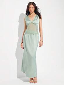 Roylia Elegant Satin Sleeveless V-Neck Top And Fish Tail Skirt Set - Green - View 1