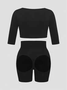 SHAPORA 2 Packs Plus Size Seamless Shapewear Set Tummy Waist Control Bust&Butt Lifter-1pc Shapewear Top Corset With Adjustable Closure+Cut-Out Mid Thigh Short -Tummy Waist Thigh Arm Control - Black - View 2