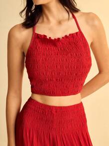 CAJUNI Women's Boho Style Tropical Print Pleated Halter Tank Top And Long Pants Vacation Beach Casual Set, Summer - Red - View 3