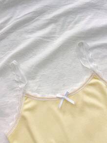 Teenager Mädchen Spitzen Schleifen Besatz geripptes Trägerhemd, bequeme Stretch, kombinierbar mit tief sitzenden Shorts, geeignet für Frühling und Sommer, cool, Basic, täglich, vielseitig, Sport Mode Sommer Oberteile, Schulanfang Saison, Schuluniformen