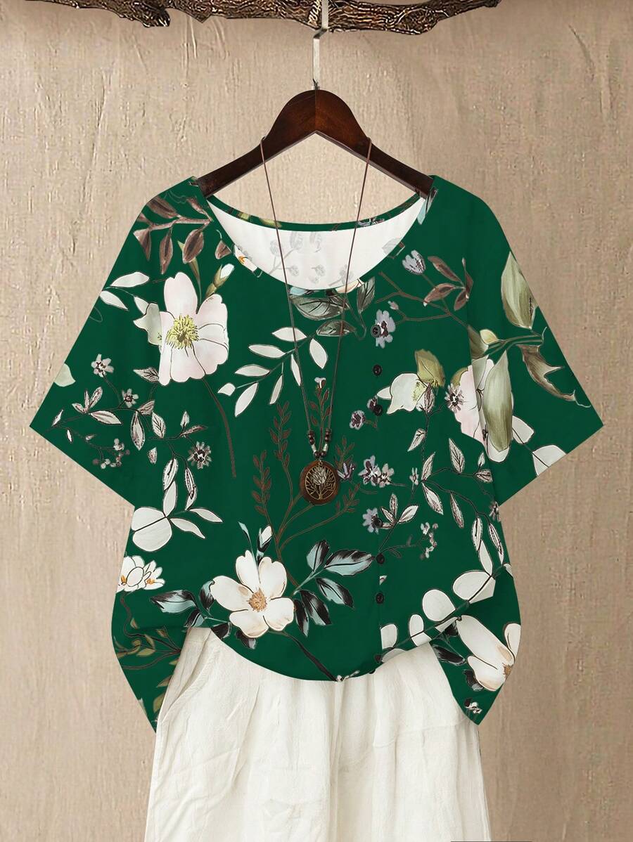 Linhara Plus Size Women Floral Pattern Round Neck Short Sleeve Front Button Decor Casual Comfy Top - Multicolor - View 1