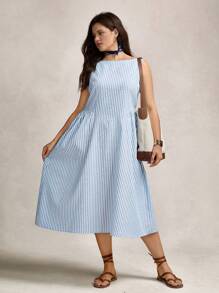 Zelara Plus Size Summer Striped Round Neck Sleeveless Ruched Casual Work Dress,Old Money Style Women - Blue and White - View 10