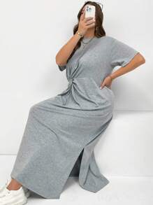SHEIN Essnce Plus-Size Women's Summer Short-Sleeved Dress, Casual Women's Dress, Grey Dress, Knotted Dress Summer Dresses For Women