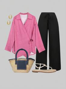 Linhara Plus Size Casual Striped Tie-Waist Shirt And Pants 2 Pieces Set