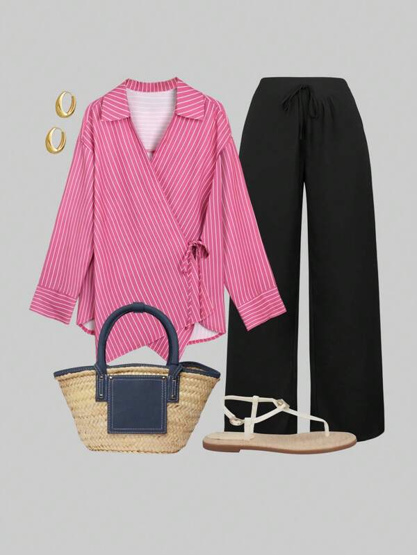 EMERY ROSE Plus Size Casual Striped Tie-Waist Shirt And Pants 2 Pieces Set