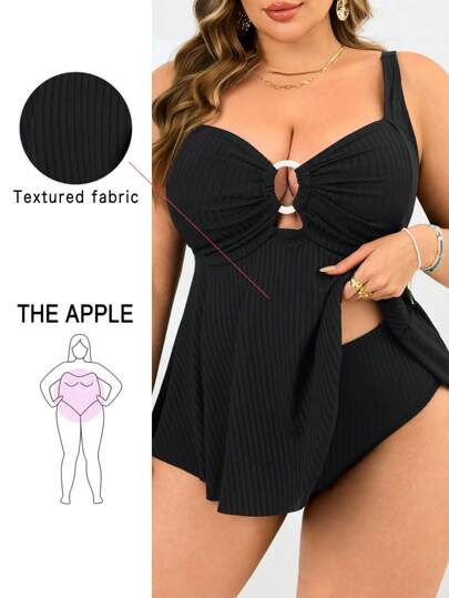 Swim Lushoire 2pcs Plus Size Women Black Minimalist Bandeau & High Waist Triangle Bottom Bikini, Vacation Swimsuit For Summer