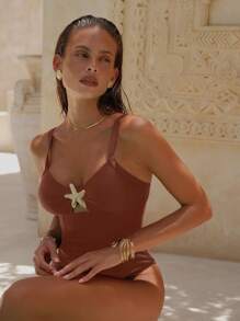 Swim Chiccia 性感无袖连体泳衣，适合海滩派对、休闲 - 棕色 - 查看 5