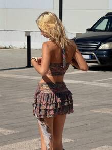 SHEIN ICON Bộ 2 chiếc váy ngắn xếp nếp in họa tiết Paisley hở lưng mùa hè cho nữ Boho Hippie phương Tây Sxy - Nhiều màu - Xem 2