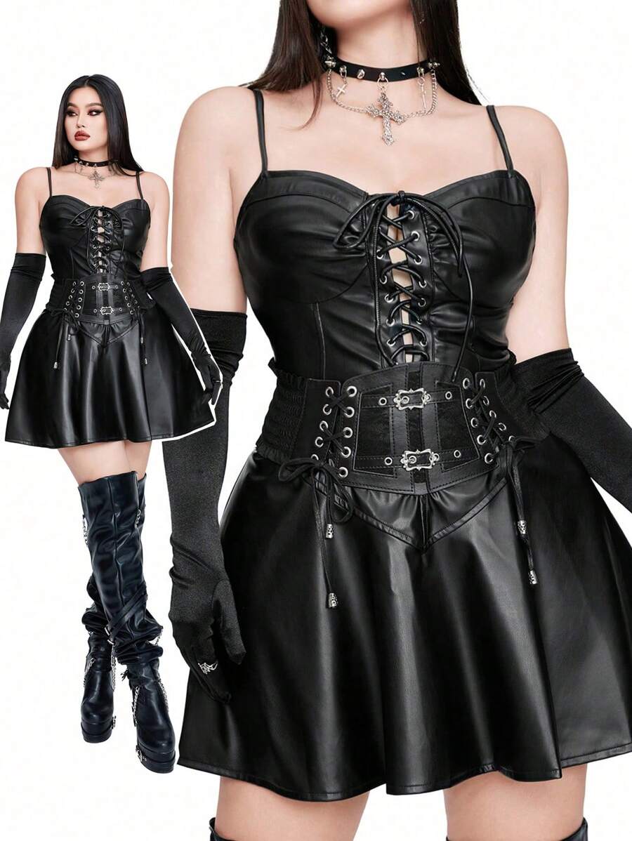 Whyspr Casual Punk Plus Size Rave Corset Dress - Black - View 1