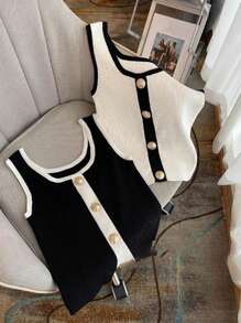 女式金属纽扣设计方领无袖休闲针织上衣 - 黑與白 - 查看 1