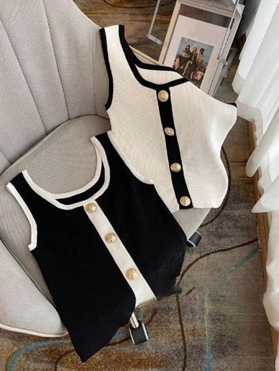 女式金属纽扣设计方领无袖休闲针织上衣 - 黑與白 - 查看 1