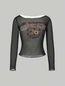 ROMWE Grunge Punk Y2K Sexy Sheer Mesh Printed Off-Shoulder Women Top - Black and White - View 4