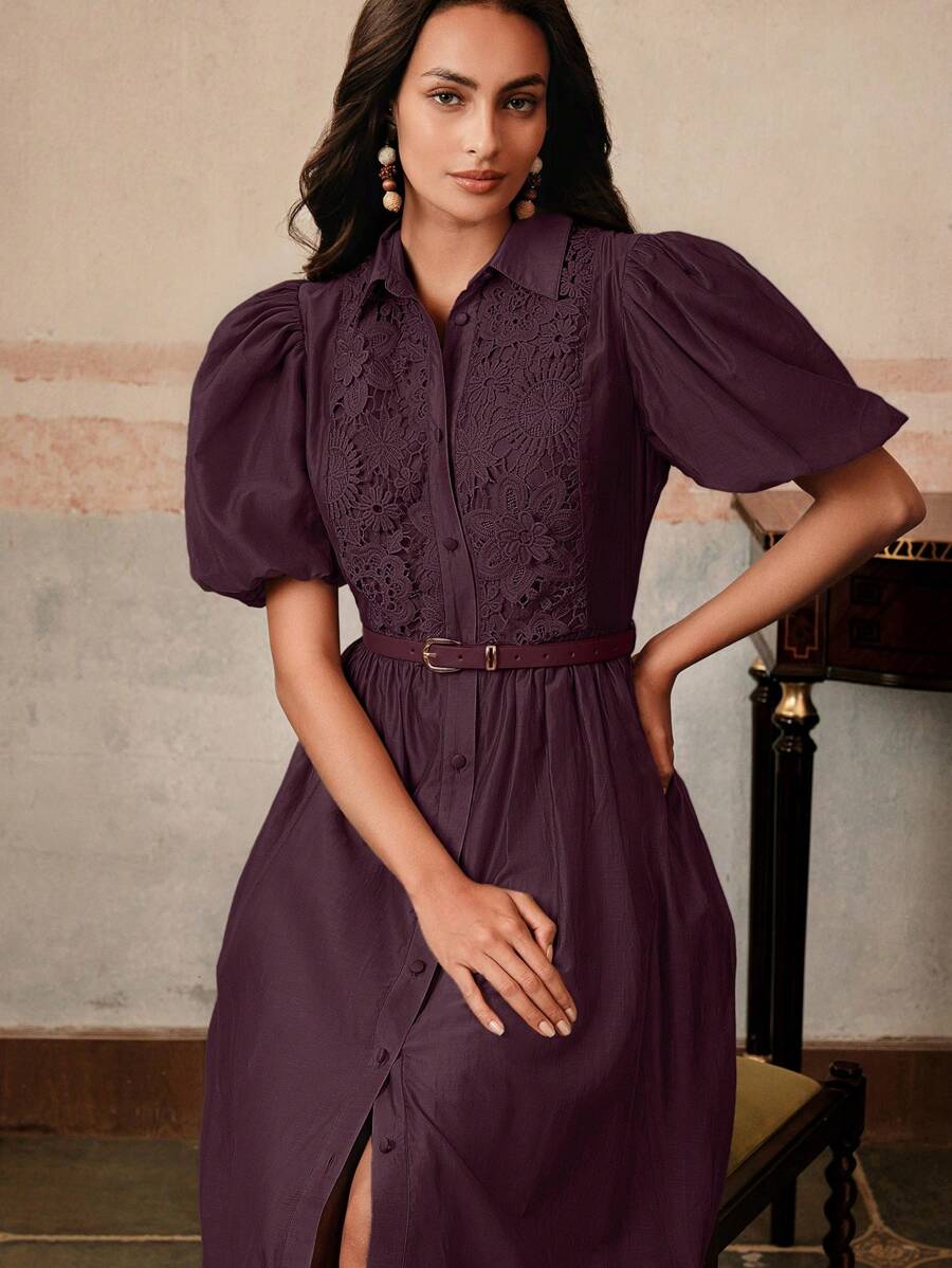 Anewsta فستان أنيق بتصميم رقعي بنقشة الزهور مع كشكشة في الأسفل وخصر مخصر، باللون البنفسجي، مناسب للعطلات والحفلات والمناسبات، للربيع والصيف - الأرجواني - مشاهدة 1