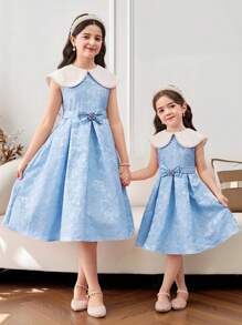 少女珍珠装饰大翻领拼接花卉提花中长A字连衣裙，披肩领，蛋糕裙，花童装，可爱优雅甜美复古时尚。适合母女/姐妹亲子装，家庭度假，日常穿着，居家聚会及特殊场合，姐妹装，华丽公主风，派对装，生日装，春夏款。 - 藍色 - 查看 8