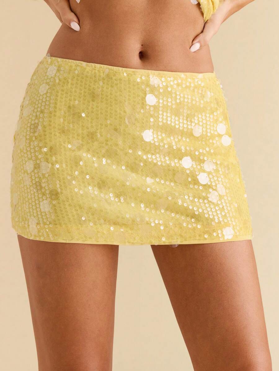 SHEIN BAE Váy ngắn màu vàng sequin trơn mùa xuân hè dành cho nữ dự tiệc, váy ngắn sequin mùa hè, gợi cảm khi đi câu lạc bộ, hòa nhạc - Màu vàng - Xem 1