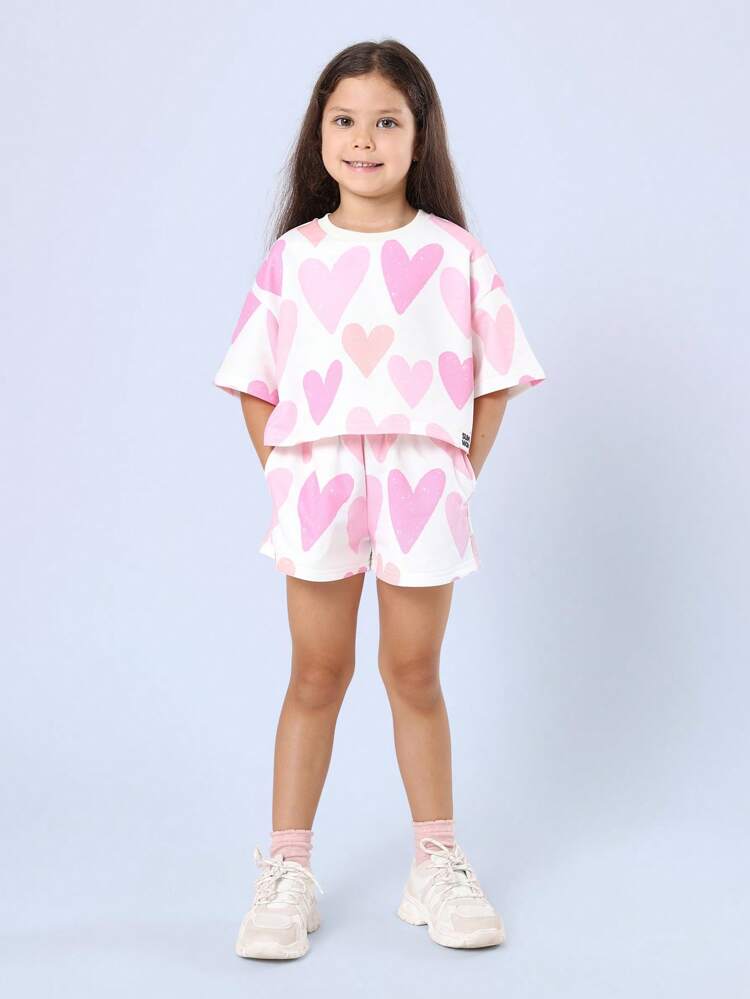 Heart Print Short Sleeve Young Girls T-Shirt Co-Ords