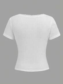 SHEIN Leap Crew Tween Girls White T-Shirts,Sweet Lace Trim Short Sleeve Slim Fit T-Shirt,3 Button Closure Basic Casual Summer Tops,Suitable For School Leisure - White - View 3