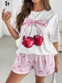 SHEIN Essnce Plsize女装夏季短袖套装粉色可爱套装活力套装夏季居家宽松舒适套装樱花印花T恤夏季粉色图案两件套图形T恤