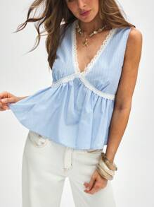 ATUI Studio Women's Summer Vacation Travel Deep V-Neck Lace Stitching Plaid Sleeveless Shirt Summer Tops,Going Out Tops Women