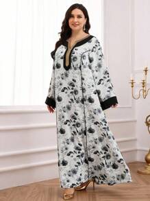 Al Najma 加大码传统阿拉伯长袍，V 领，白底黑色花卉印花，加大码长袖，朴素的卡夫坦 - 黑與白 - 查看 6