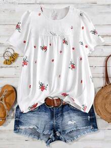 SHEIN LUNE 大码女式纹理印花拼接花卉蕾丝细节衬衫